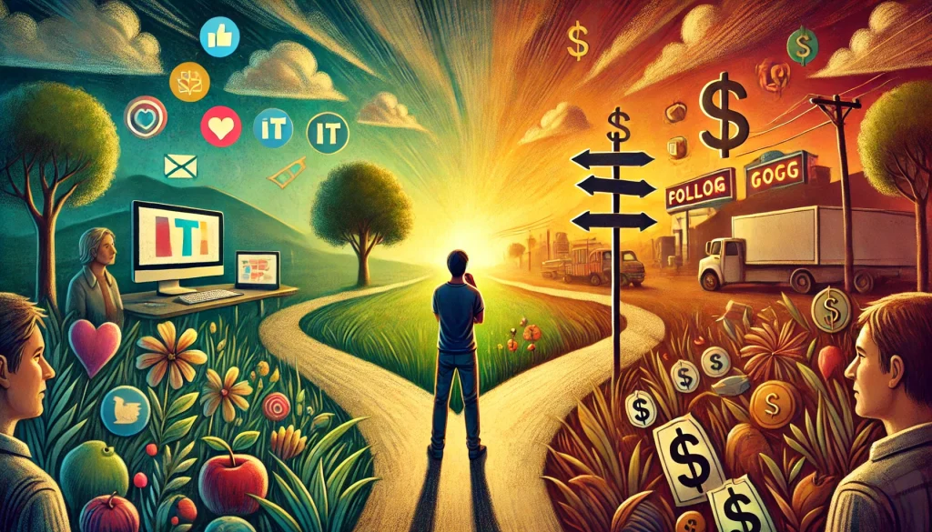 Illustration of a person at a fork in the road: one path leads to technology and the other to quick money
