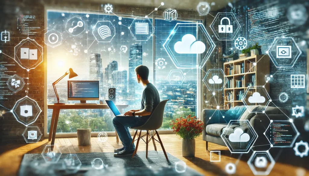 Illustration of a person working at a computer at home, surrounded by icons of technical services and tools