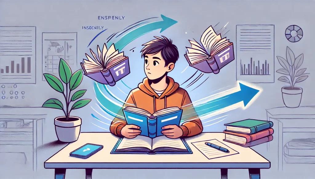 Illustration of a person studying with open books around them and arrows indicating progress