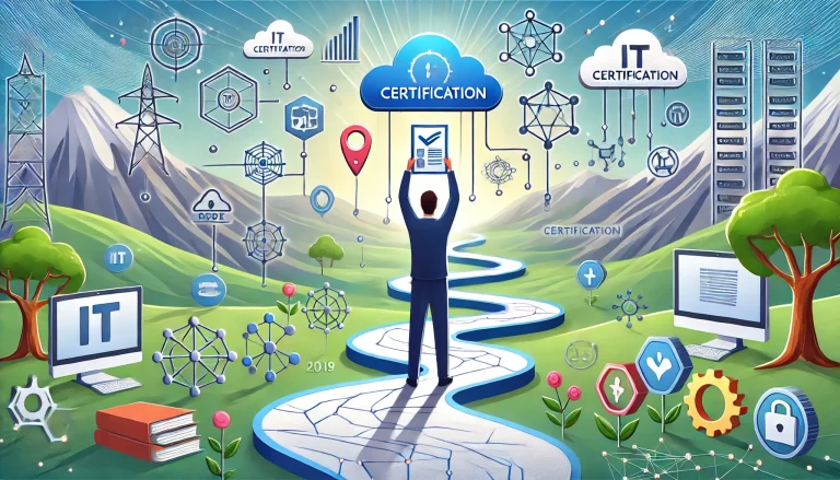 Ilustración de una persona sosteniendo su primera certificación al inicio de un camino