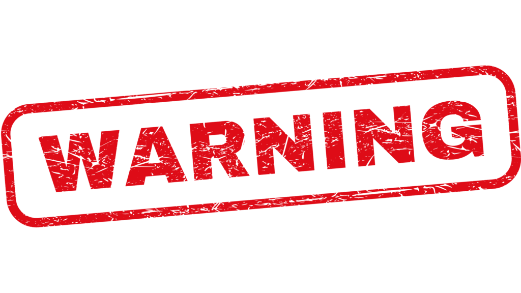 Red WARNING stamp on a black background, preceding an important warning in the tutorial