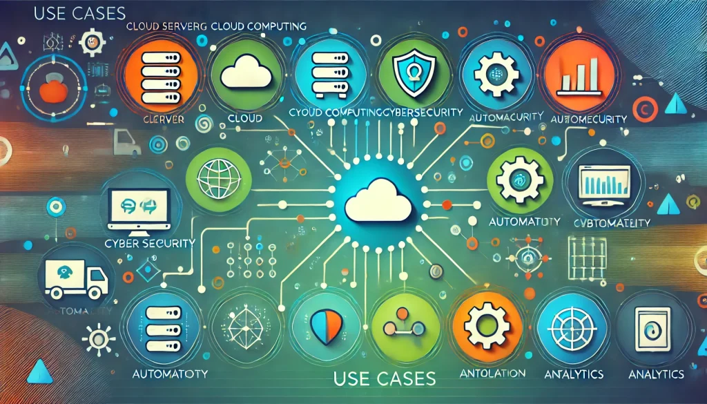 Use-case illustration with interconnected icons for servers, cloud, security and automation