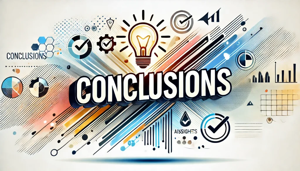 Ilustración de cierre con la palabra Conclusions, una bombilla encendida, marcas de verificación y gráficos