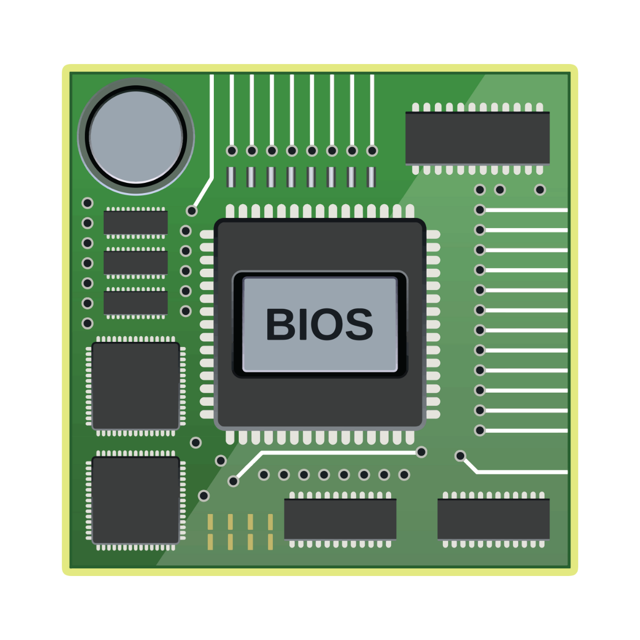Illustration of a green circuit board with a central chip labelled BIOS