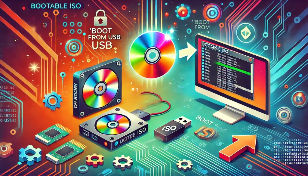 Illustration of Proxmox installation media: optical discs and a USB stick next to a monitor booting from an ISO