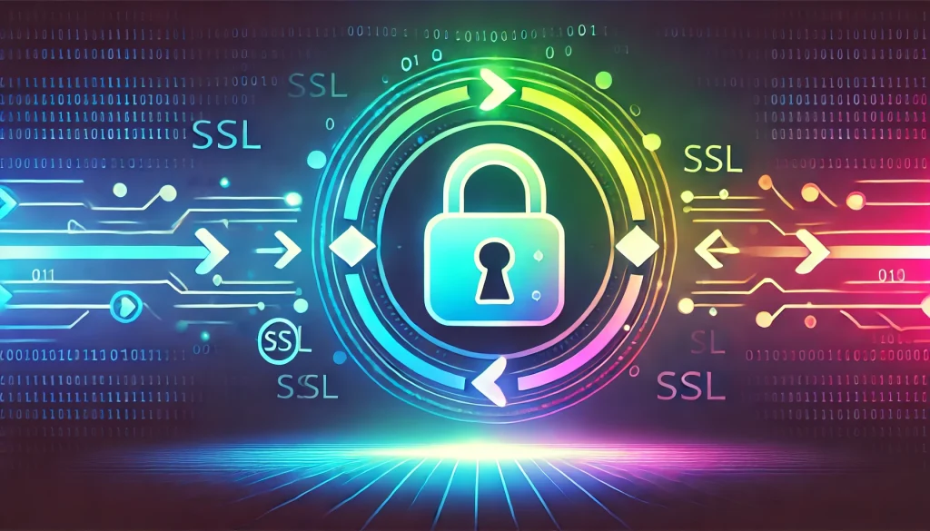 Illustration of a padlock inside a glowing ring surrounded by the word SSL and circuit traces, representing certificate management