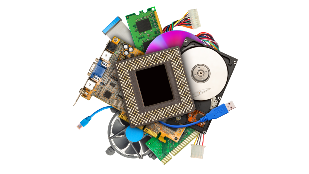 Server components on a white background: processor, hard drive, memory and cards