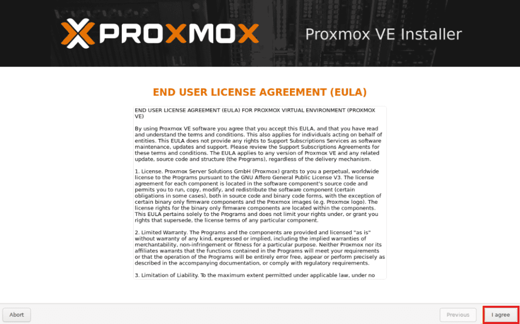 End User License Agreement screen in the Proxmox VE installer, with the I agree button highlighted in the bottom right corner