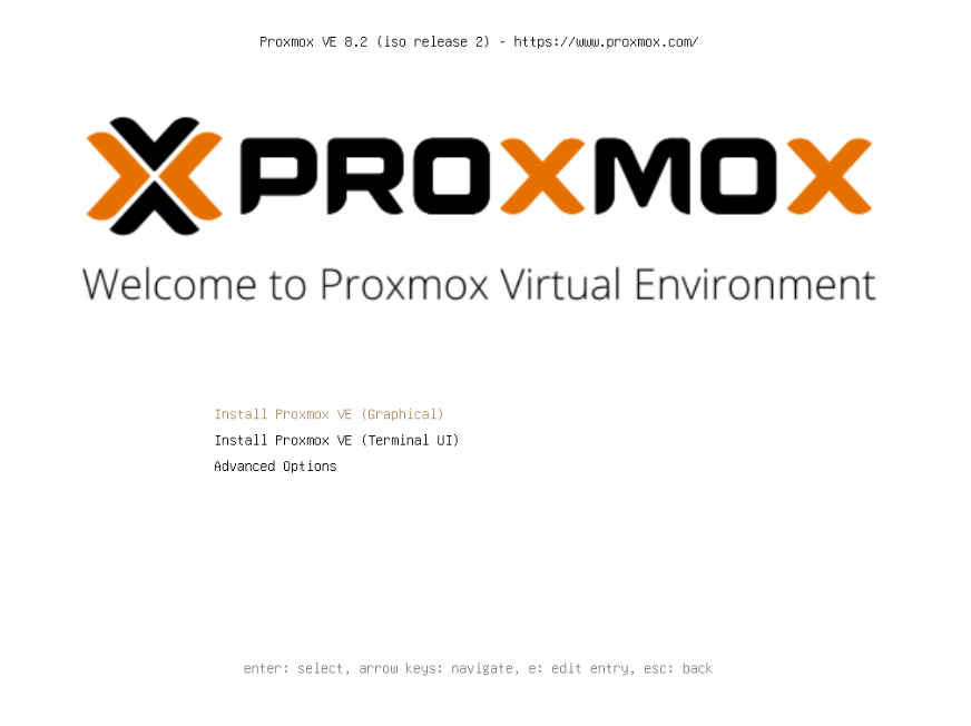 Proxmox VE 8.2 ISO boot menu with the graphical and terminal install options
