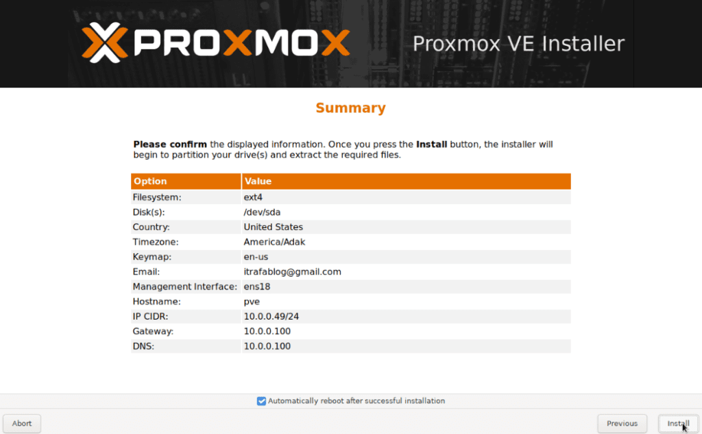 Final installer summary with the ext4 filesystem, the /dev/sda disk and IP 10.0.0.49/24