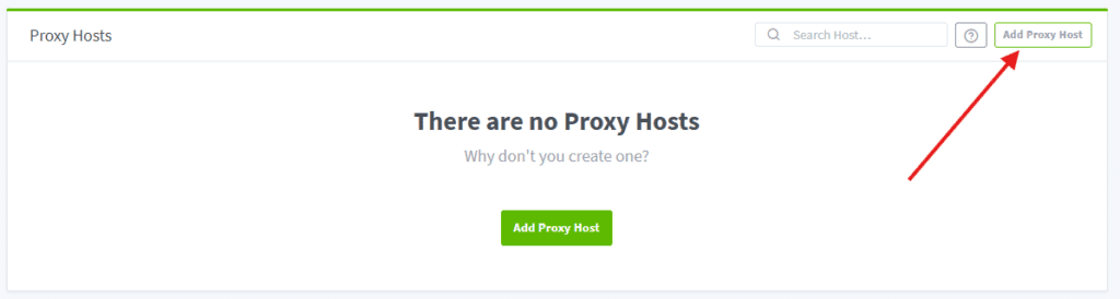 Empty Proxy Hosts list with a red arrow pointing to the Add Proxy Host button