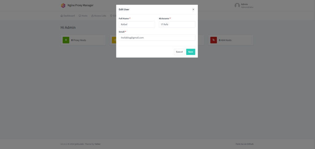 Nginx Proxy Manager Edit User window for changing the administrator name, nickname and email