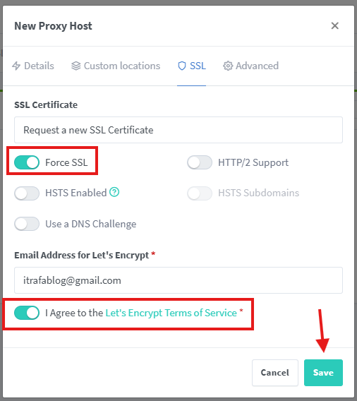 SSL tab with Force SSL enabled and the Let's Encrypt terms accepted, and a red arrow pointing to the Save button