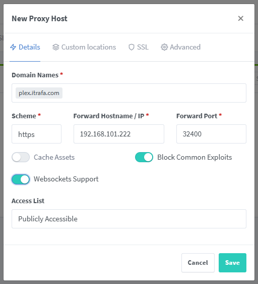 Details tab of a new proxy host: domain plex.itrafa.com, https scheme, target 192.168.101.222 and port 32400