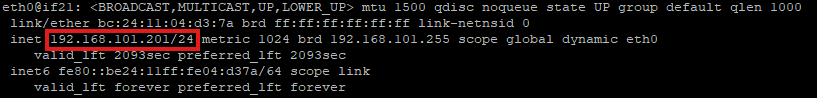 ip addr output with the eth0 interface address 192.168.101.201/24 outlined in red