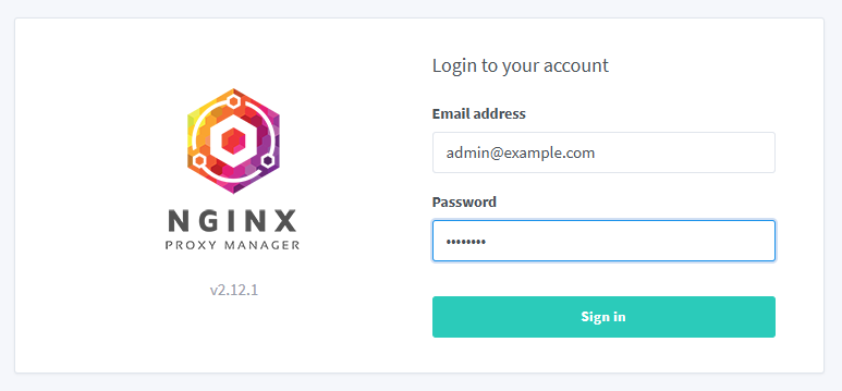 Nginx Proxy Manager 2.12.1 login screen with the default admin@example.com credentials