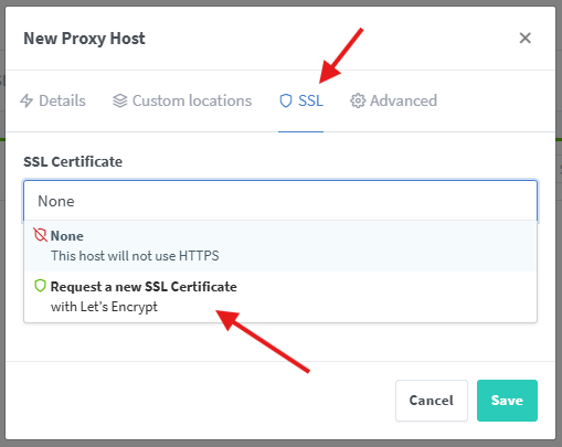 SSL tab with the dropdown open and the Request a new SSL Certificate with Let's Encrypt option marked in red