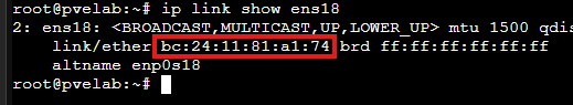 ip link show ens18 output with the interface MAC address outlined in red
