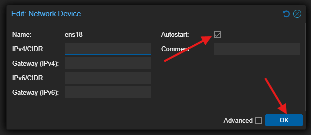 Edit Network Device window for the ens18 interface with the Autostart box ticked and the OK button marked in red