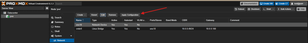 Proxmox network toolbar with a red arrow pointing to the Apply Configuration button