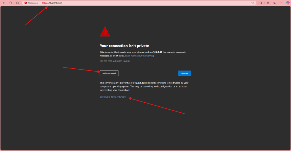 Browser warning about the self-signed certificate, with the link to continue marked in red