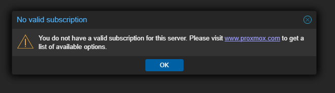 No valid subscription dialog that Proxmox shows on login when the server has no paid subscription