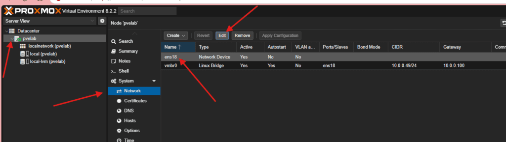 Proxmox network view with the ens18 interface selected and red arrows pointing to the Edit button