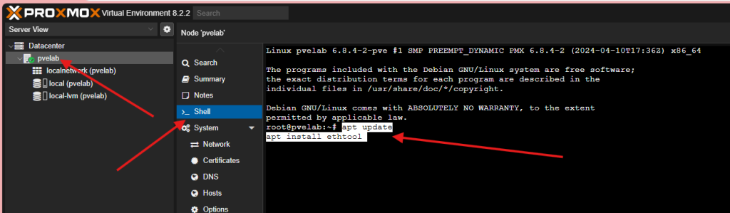 Proxmox node shell running apt update and apt install ethtool, with red arrows to the Shell menu and the command