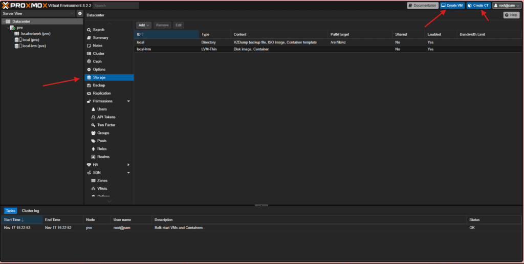 Datacenter Storage section in Proxmox showing the local and local-lvm storages