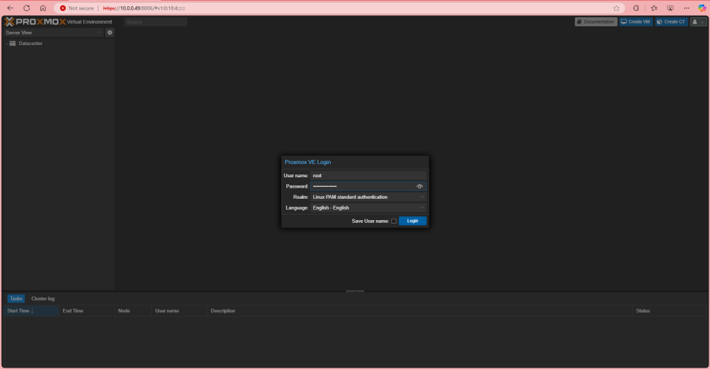 Proxmox VE login screen with the root user and the Linux PAM standard authentication realm
