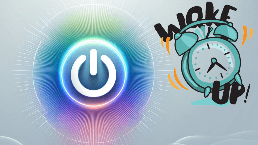 Illustration of a glowing power button next to an alarm clock, closing the installation tutorial