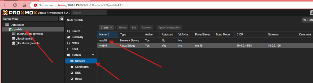 Proxmox Network section showing the physical ens18 interface and the vmbr0 bridge, marked with red arrows