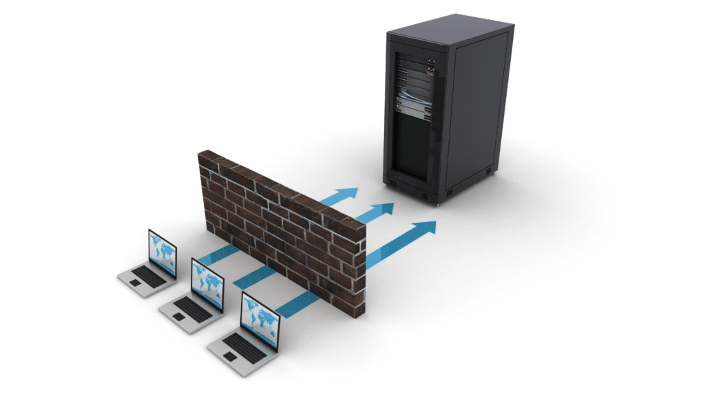 Reverse proxy diagram: several laptops pass through a firewall to a server rack