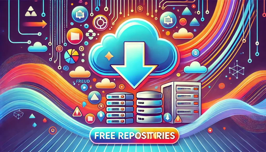Ilustración de repositorios gratuitos con una nube de descarga sobre varios armarios de servidores