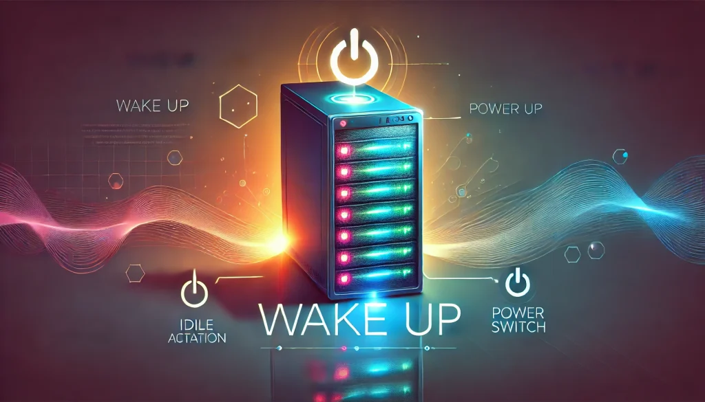 Ilustración de un servidor encendiéndose con las luces de sus discos iluminadas y un símbolo de encendido