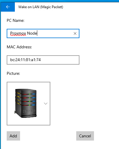 Wake on LAN app adding a device named Proxmox Node with its MAC address