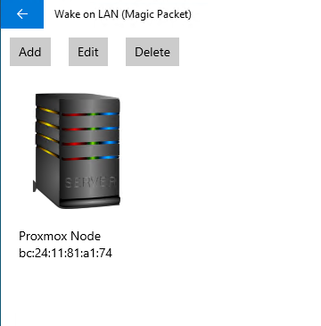 Wake on LAN app with the Proxmox Node device saved, ready to send it the magic packet