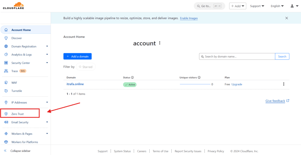 Cloudflare dashboard with the domain active on the free plan and a red arrow pointing to Zero Trust in the sidebar