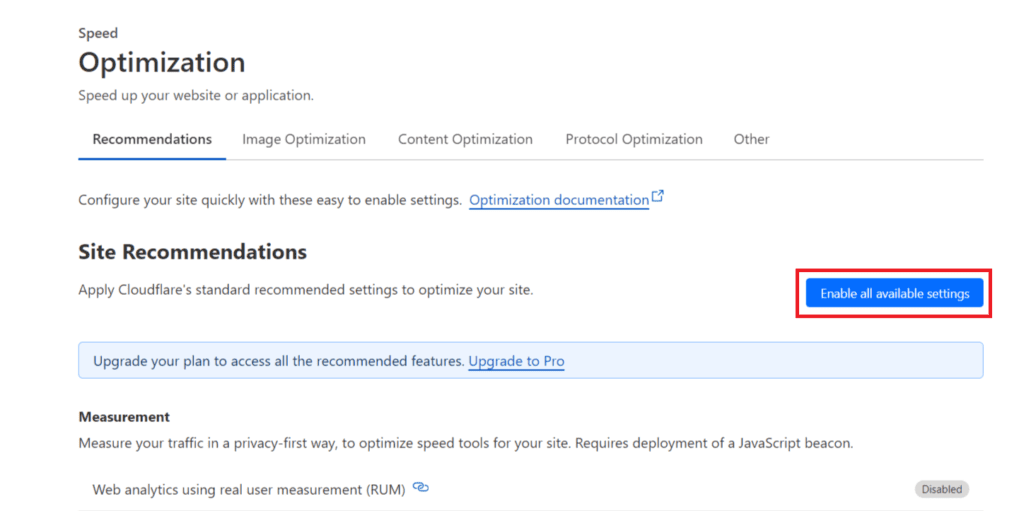 Speed optimisation section with the Enable all available settings button outlined in red