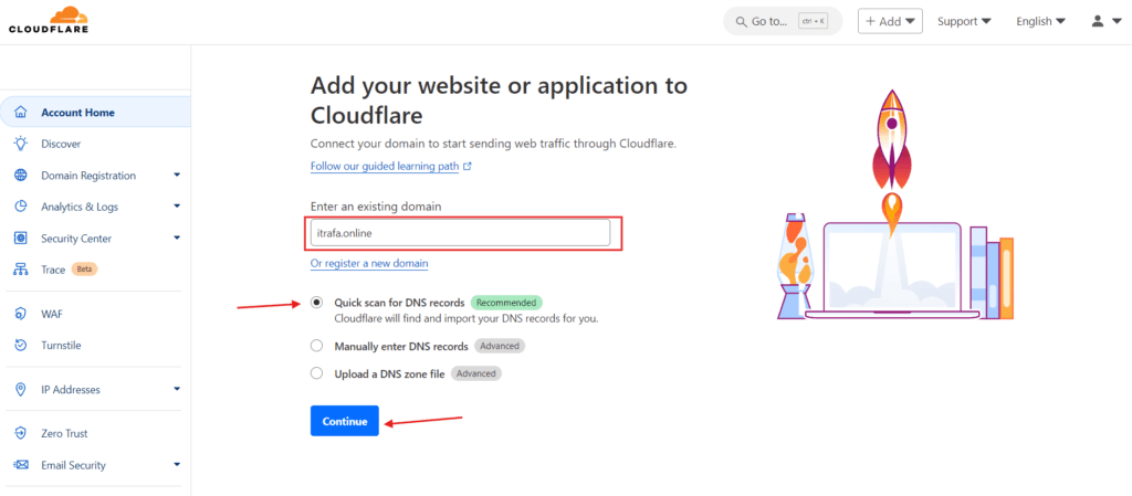 Cloudflare form for adding an existing domain, with the name entered and the automatic DNS scan option selected
