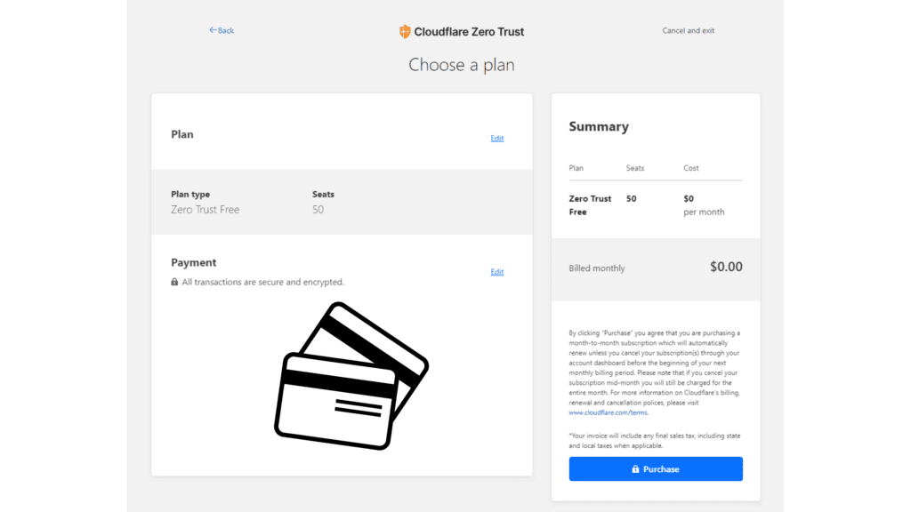Zero Trust payment screen showing a 0.00 total before confirming the free plan