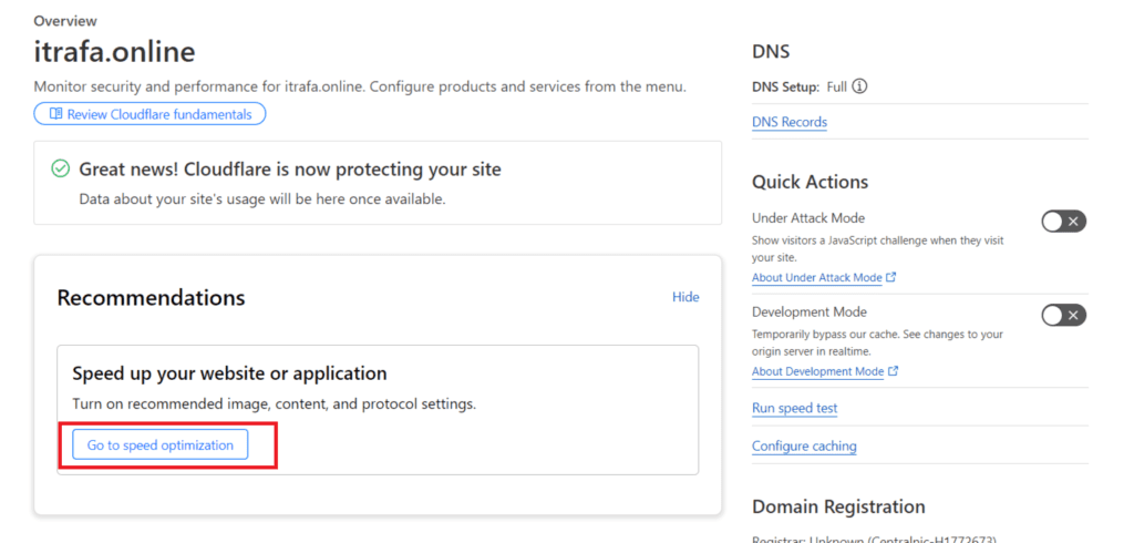 Cloudflare overview confirming the domain is now protected, with the speed optimisation link outlined