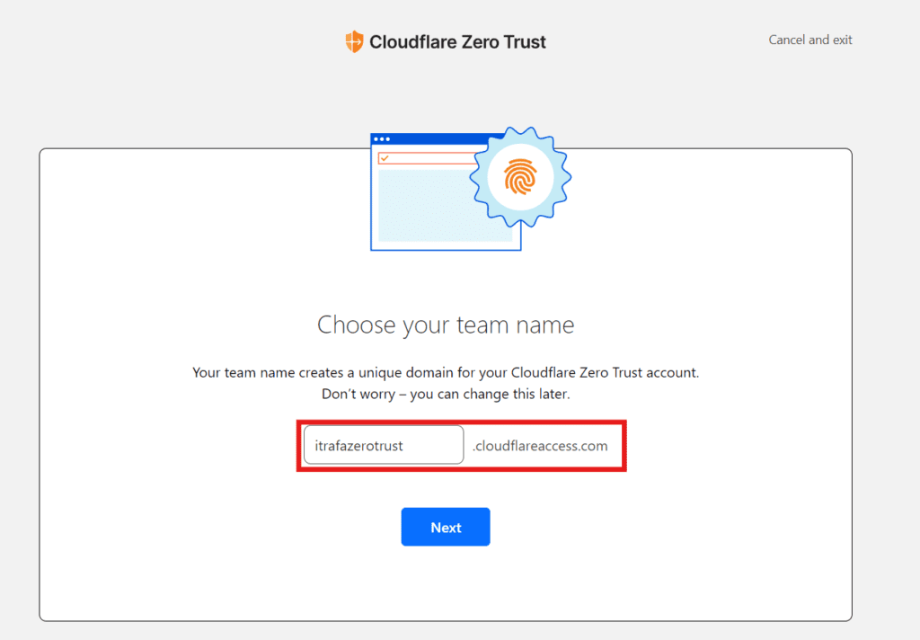 Cloudflare Zero Trust screen for choosing the team name, which forms the subdomain on cloudflareaccess.com