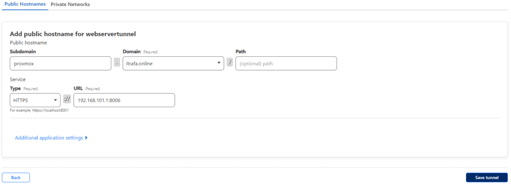 The same form with the proxmox subdomain pointing over HTTPS to the internal panel at 192.168.101.1:8006