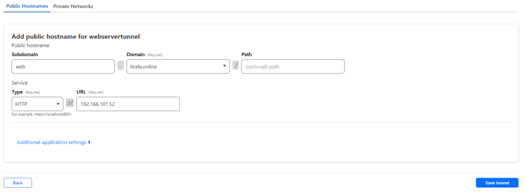 Tunnel public hostname form: web subdomain, HTTP service and internal target 192.168.101.52