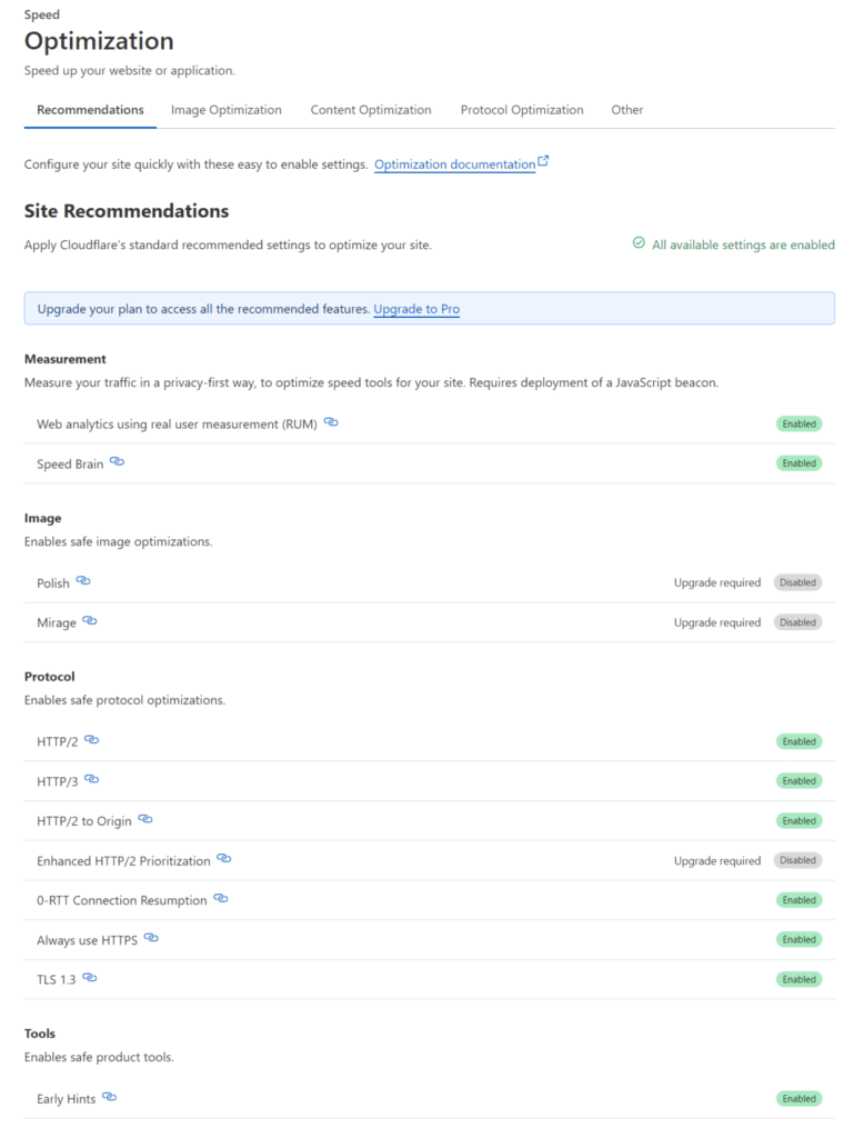 List of Cloudflare optimisations now enabled, including HTTP/3, TLS 1.3 and Early Hints