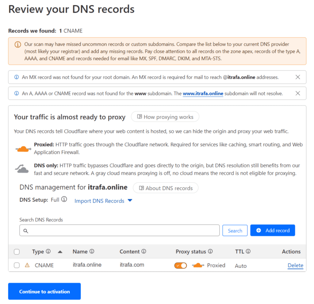 Imported DNS records review screen, with warnings about the missing MX and www records