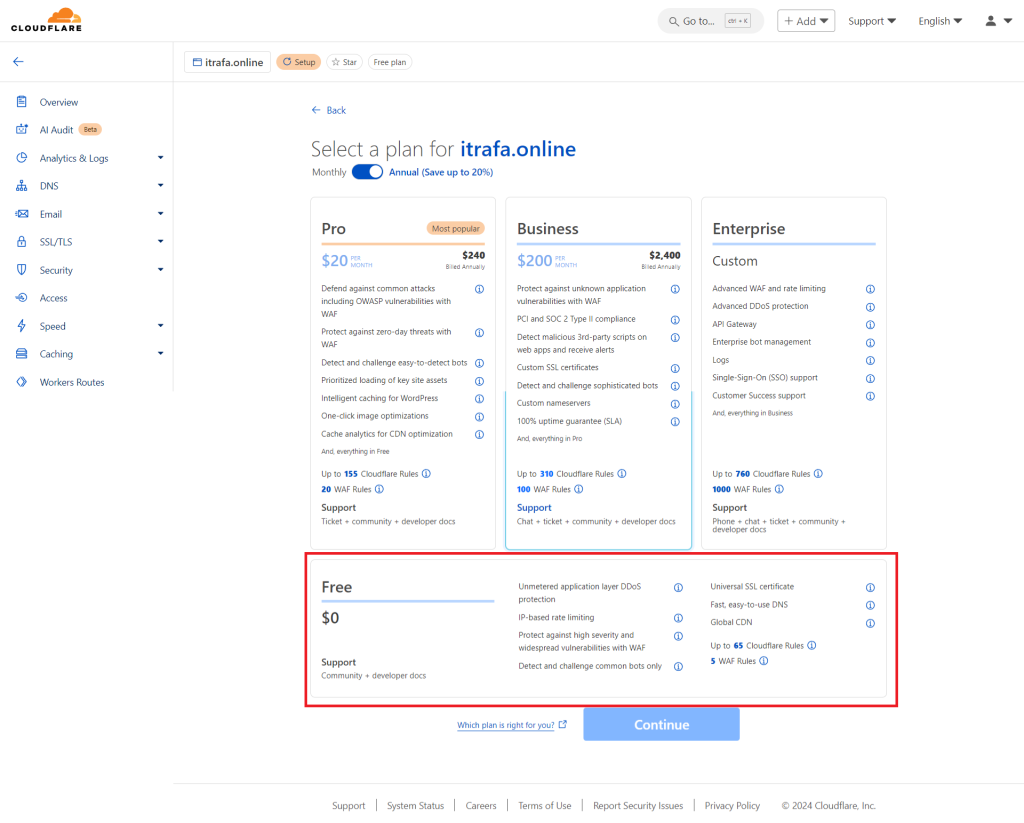 Cloudflare plan comparison with the zero-dollar free plan outlined in red