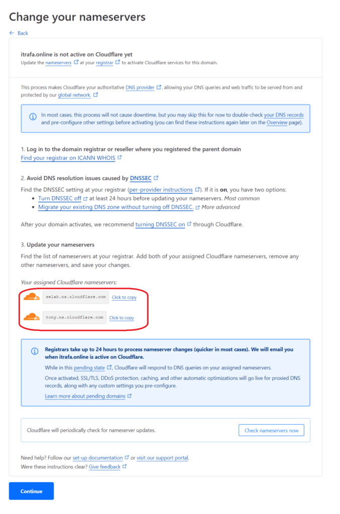 Cloudflare instructions for changing the nameservers, with the two assigned ones outlined in red