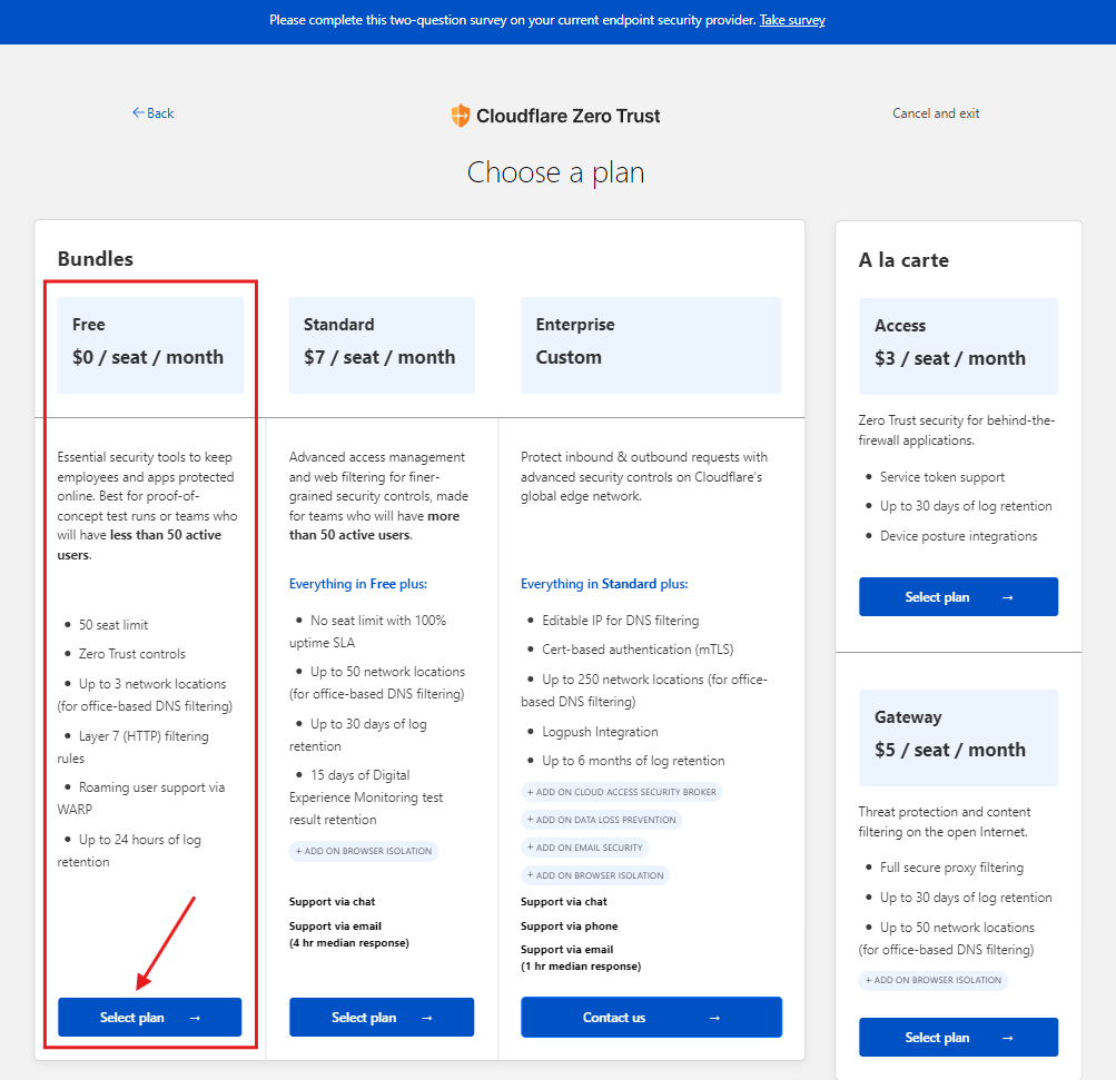 Zero Trust plan comparison with the free 50-user plan outlined in red and its Select plan button highlighted